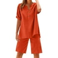 thumbnail image 2 of Jinhomg Linen Sets for Women 2 Piece Long Sleeve V Neck Button Pullover Tops And Drawstring Shorts Loungewear Comfy Suit Orange,S, 2 of 5