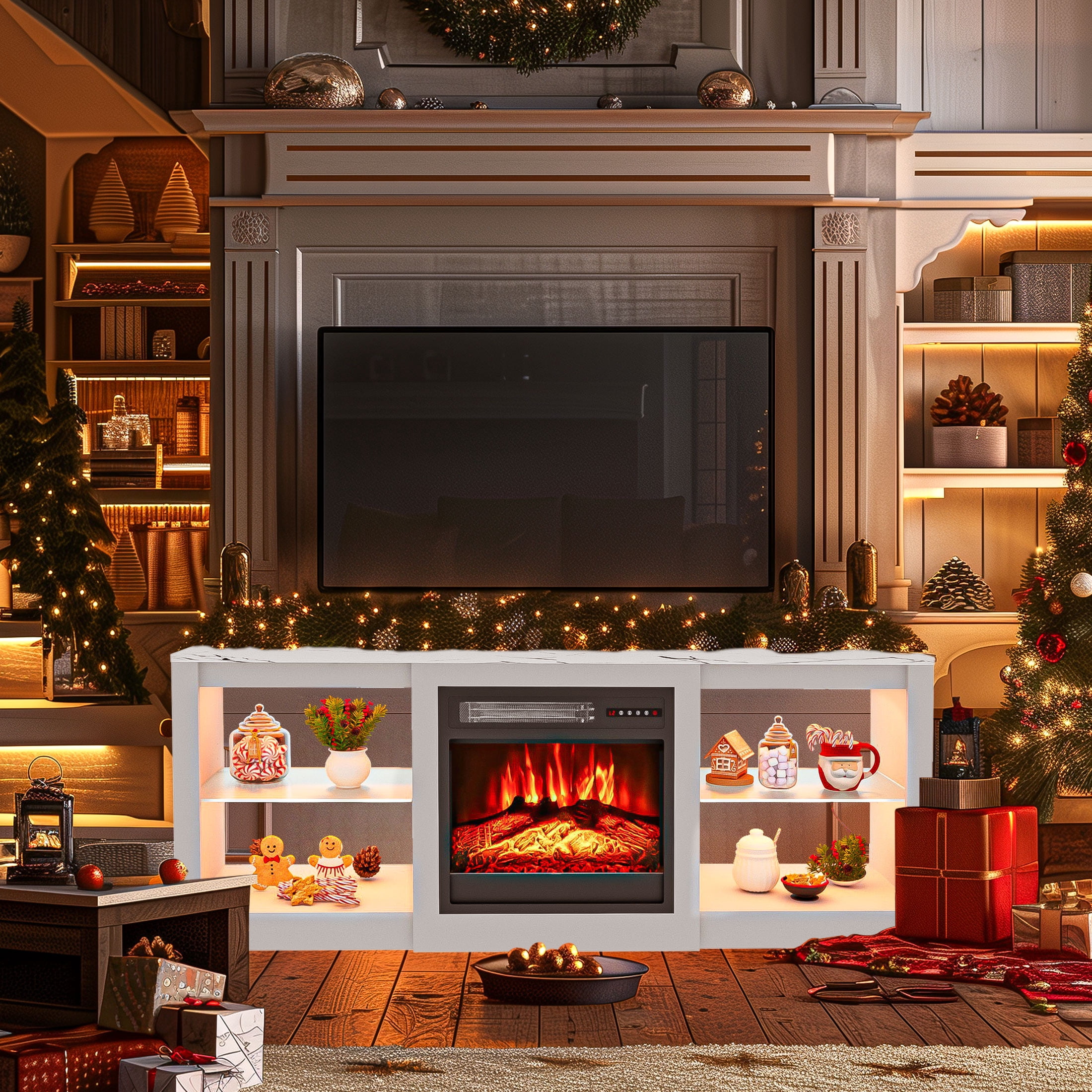 BREEZEHEAT Electric Fireplace TV Stand-Led Entertainment Center-58 inch TV Stand with 18" Electric Fireplace-Living Room Tv Cabinet with Storage for TVs up to 65"，Modern Media Console (White)