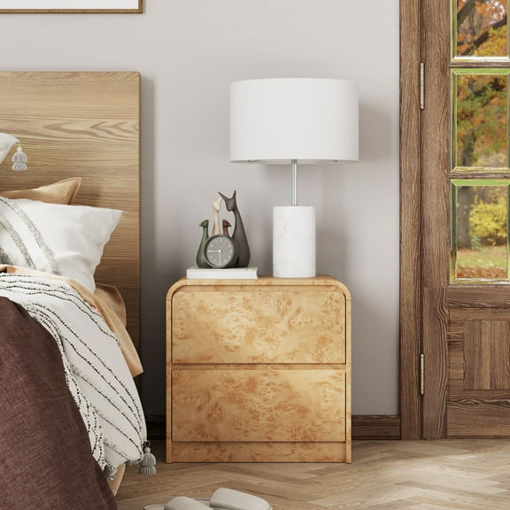 COZAYH Farmhouse 2 Drawer Wood Nightstand with Rounded Edge, Modern Bedside Table Mid Century Side Table for Living Room, Bedroom, Burl Finish, Natural