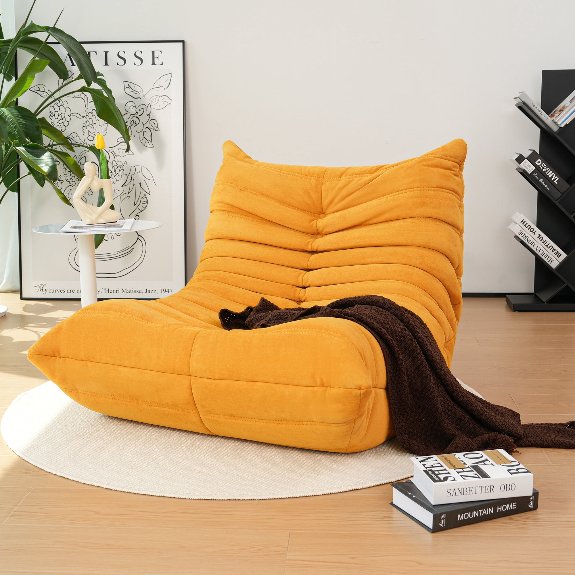 Cottinch Giant Bean Bag Chair Lazy Floor Sofa for Adults, Teens, Memory Foam Sofa Fireside Togo Chair Suede Lounger Couch for Living Room, Bedroom, Yellow