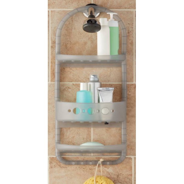 Mainstays Three Shelf Plastic Shower Caddy with Accessory Hooks, Gray
