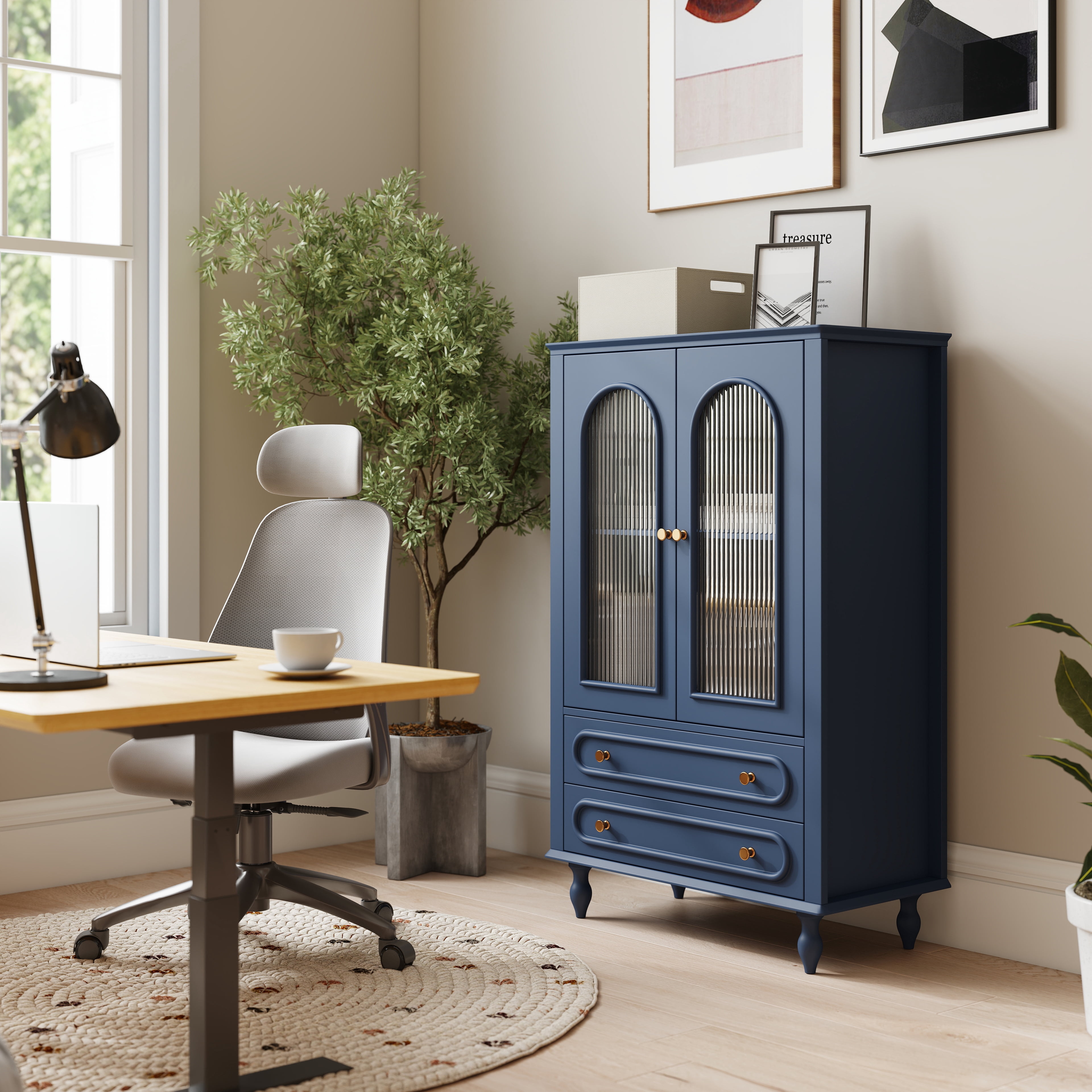 46.5''H Kitchen Buffet Sideboard Cabinet,Farmhouse Glass Display Cabinet with 2 Drawers & Adjustable Shelf,Freestanding Accent Cabinet for Living Room Dining Room,Navy Blue