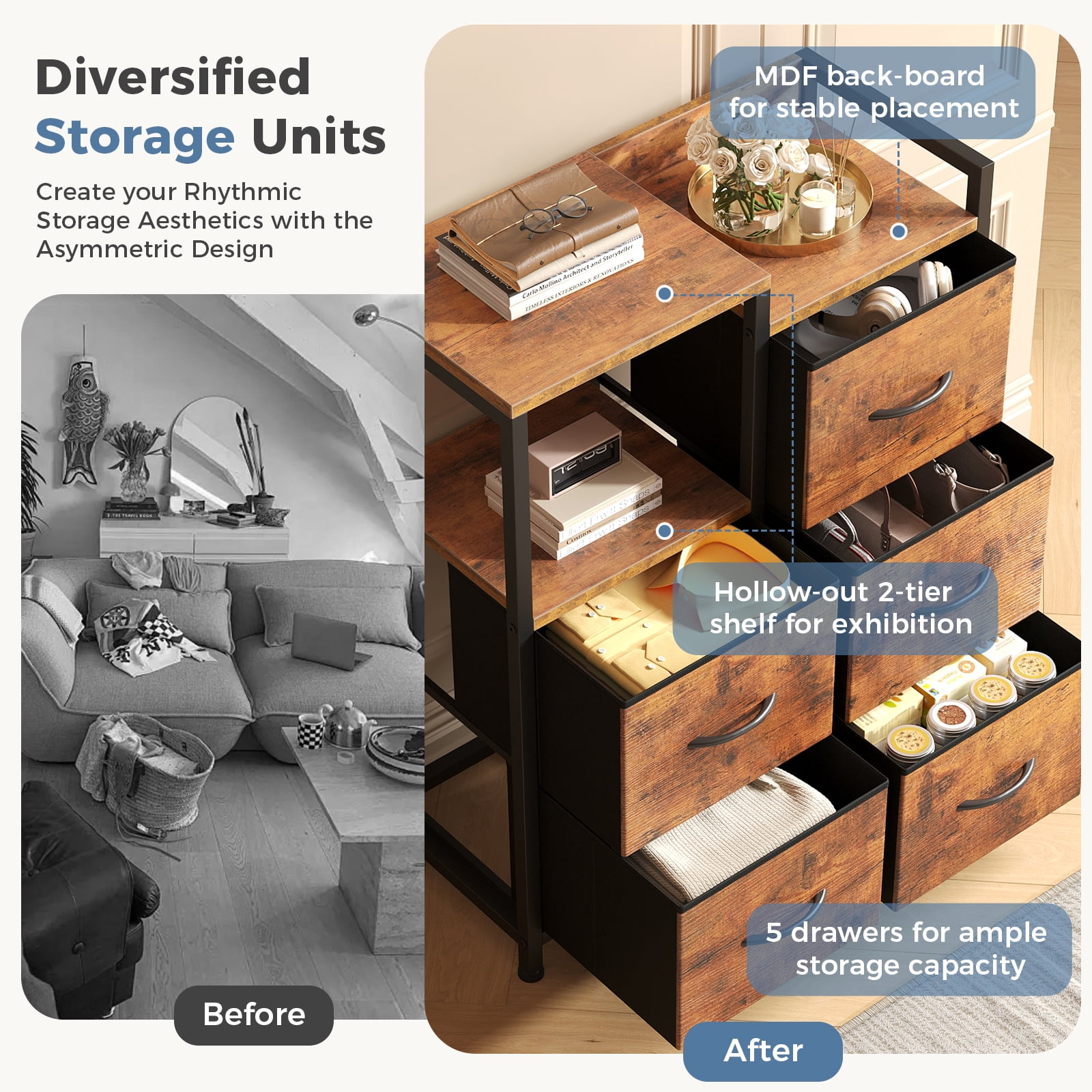 CONCETTA 5 Drawer Fabric Dresser, 2-Tier Shelf Storage Chest, Storage Cabinet for Bedroom, Hallway, Entryway, Rust