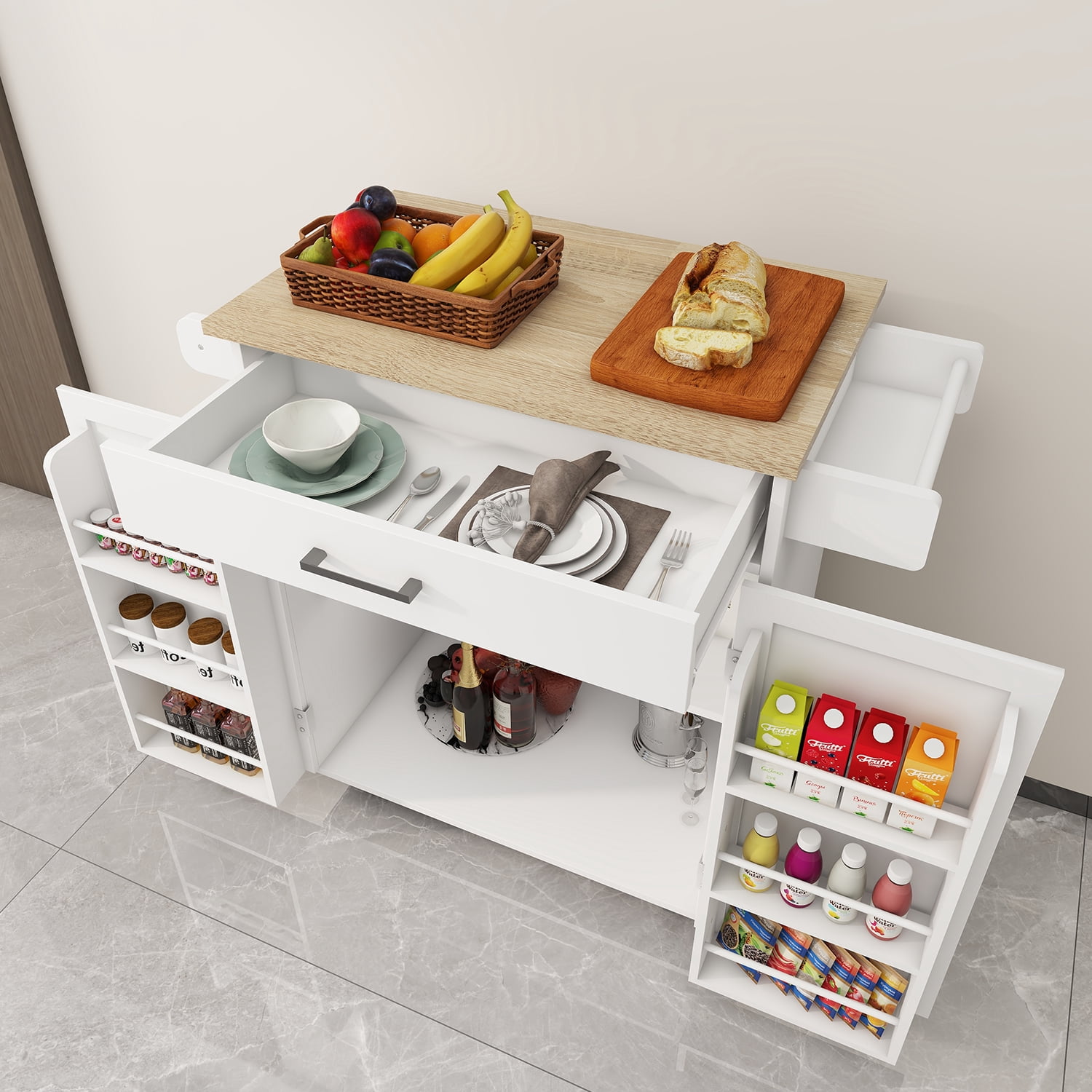 MDQMD Kitchen Island on Wheels, 2-Door Cabinet, Storage Drawer, Open Shelf, Kitchen Storage Island with Large Worktop,Kitchen Serving Cart for Dining Room Bar (White)