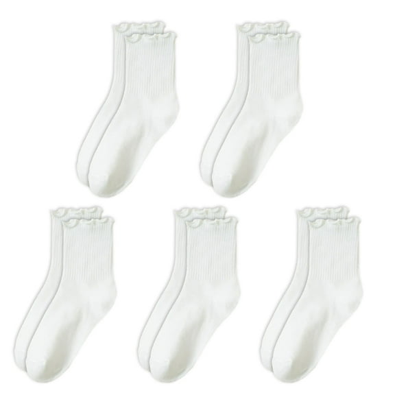 5 Pairs Womens Casual Ruffle Trim Ribbed Knitted Dress Socks Soft Breathable Stretchy Frilly Ankle Socks for Daily Use