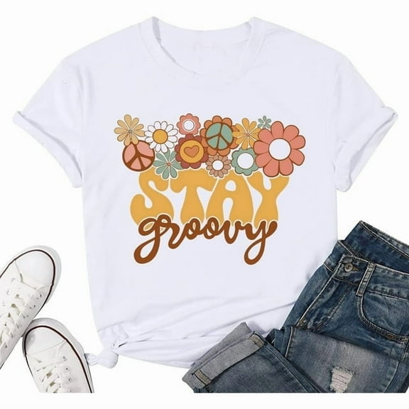 100% cotton tshirts men tee Retro Stay Groovy Shirt for Women Hippie 70s T-Shirt Cute Floral Graphic Tees Casual Summer Short Sleeve Tops