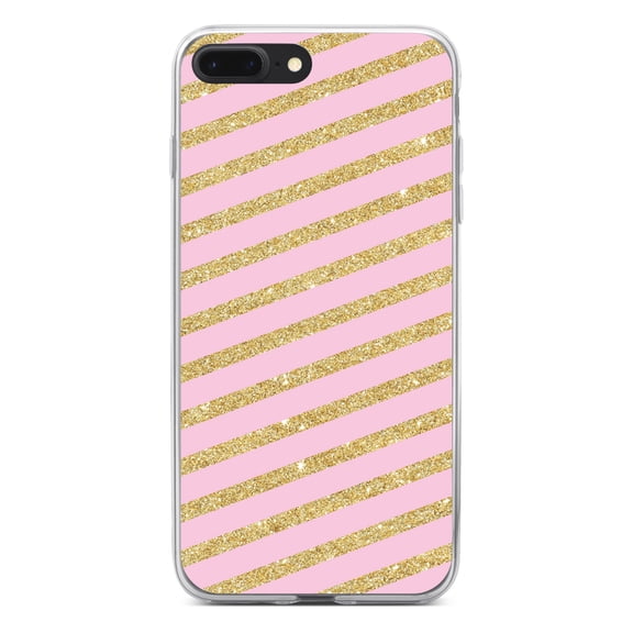 DistinctInk Clear Shockproof Hybrid Case for iPhone 7 PLUS / 8 PLUS (5.5" Screen) - TPU Bumper, Acrylic Back, Tempered Glass Screen Protector - Pink & Gold Print - Diagonal Stripes Pattern