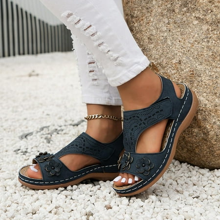

mtvxesu Women s Flower Wedges Casual Slope Heel Sandals Comfortable Slippers Beach Roman Sandals Orthopedic Sandals # Lightning Deals of Today Prime Navy 9.5