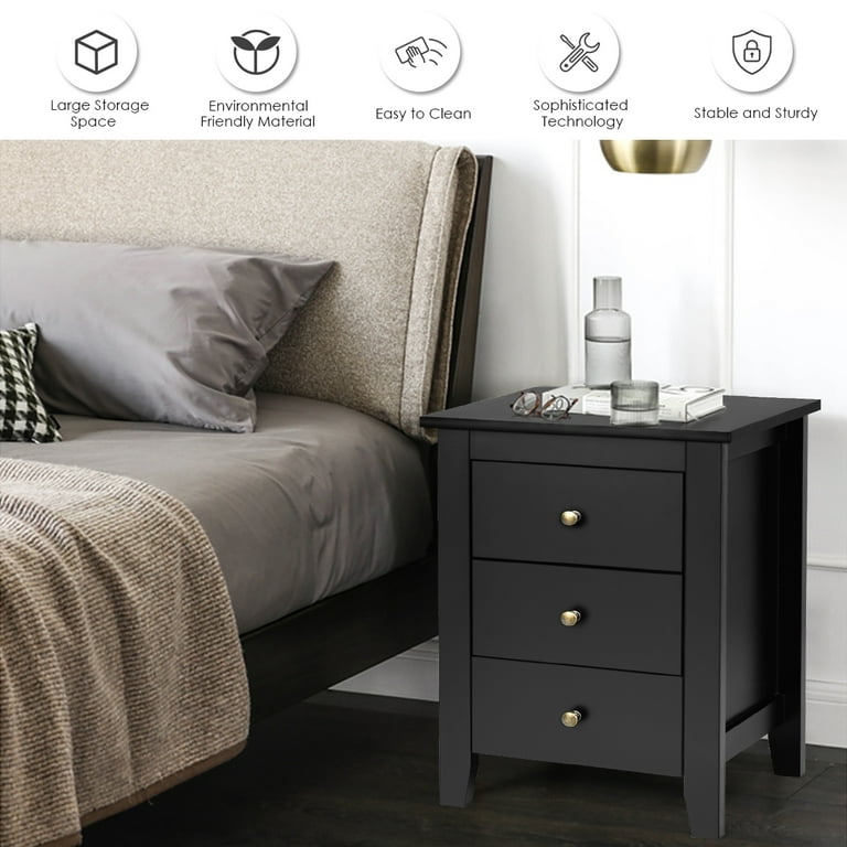 Costway Nightstand End Beside Sofa Table Cabinet w 3 Drawers Bedroom Furniture Black