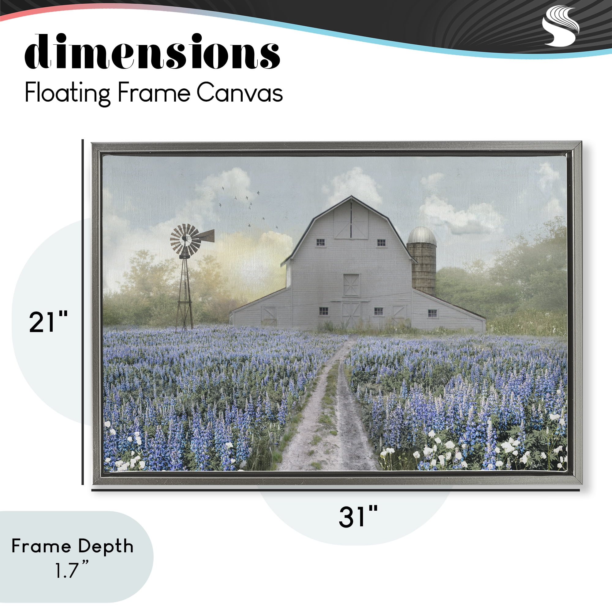 Stupell Industries Meadow of Blue Flowers & Barn Gray Framed Floater Canvas Wall Art, design by Nan