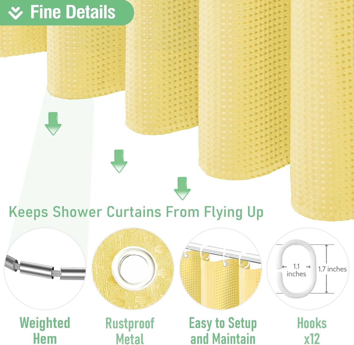 CAILDANL Green Shower Curtain - Waffle Textured Heavy Duty Thick Fabric Shower Curtains for Bathroom, 256GSM Luxury Weighted Polyester Cloth Bath Curtain Set with 12 Plastic Hooks，72Wx72H,Green