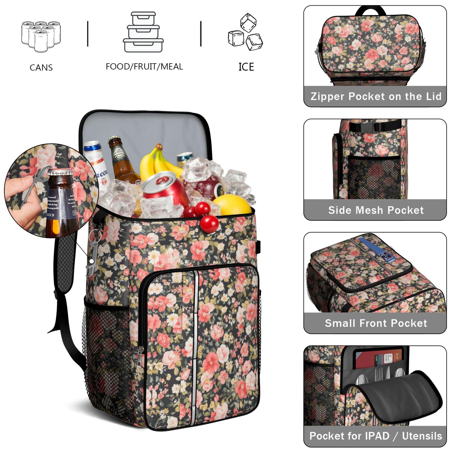 Travel Cooler Bag - Pioneer Flower Camping Beer Cooler Backpack with Bottle Opener- Waterproof Insulated Picnic Backpacks - Cooler Bag for Beach