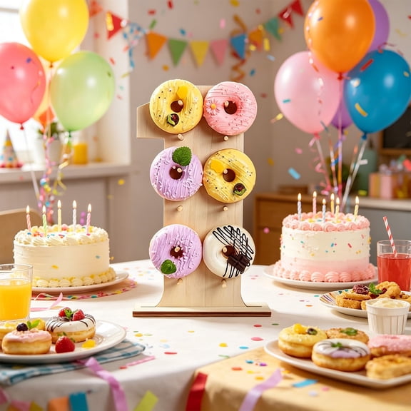 Soporte de Madera para Donas con Los Números Del 0 Al 4 para Fiestas de Cumpleaños, Bodas y Graduaciones. Estante Resistente de Madera Natural para Exhibir Donas, Pasteles o Dulces En La Mesa de Post