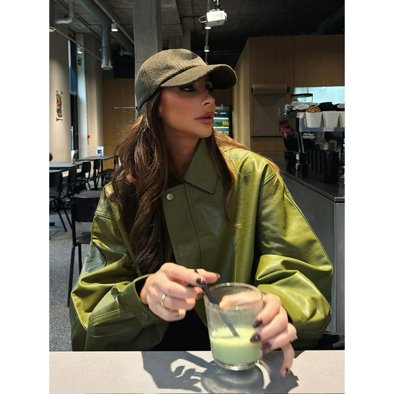 Chaqueta de cuero verde con cremallera de gran tamaño para mujer, abrigo informal de manga larga con cuello vuelto elegante, ropa informal suelta elegante para mujer