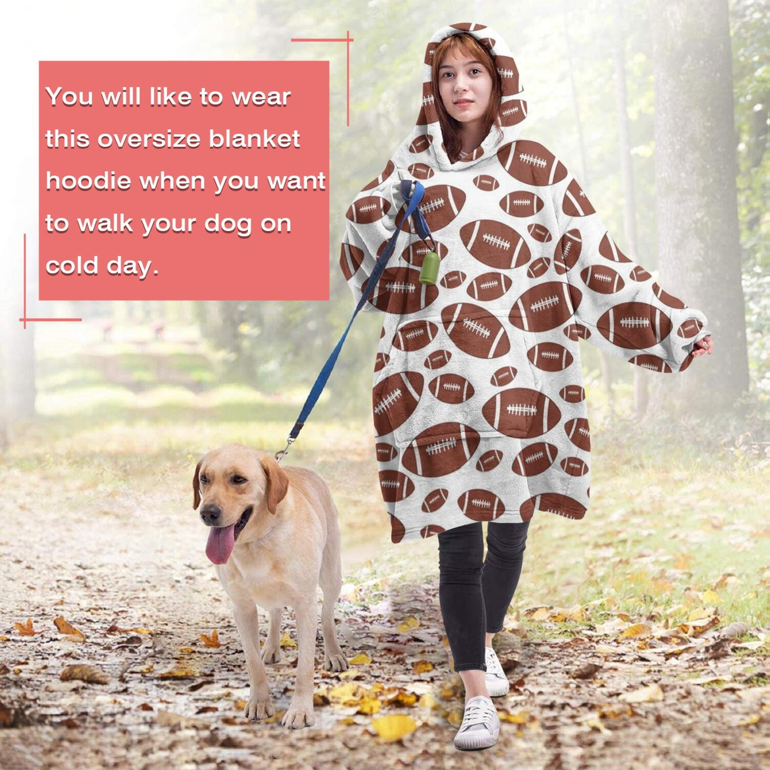 White Brown Footballs Pattern Wearable Oversized Blanket,Wearable Blanket Hoodie for Adults,Cozy Hooded Blankets with Super Pockets,Super Warm Fuzzy Pullover for Women & Men