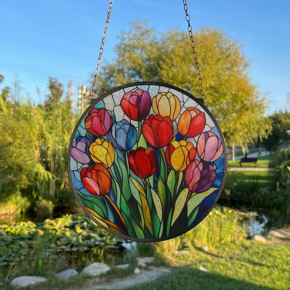 Colorful Tulips Painted Stained Glass Suncatcher, Window Hanging Decor, Outdoor Sun Catcher Decor, Colorful Flowers Decor, Botanical Art