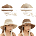 thumbnail image 4 of Hollow Lace Wide Brim Hat, Lace Tie Sun Cap, Straw Beach Headwear, Women Elegant Breathable Foldable Hat for Seaside Vacation Outing Summer Sun Protection Trendy Floral Decor Casual Cap,Beige, 4 of 9
