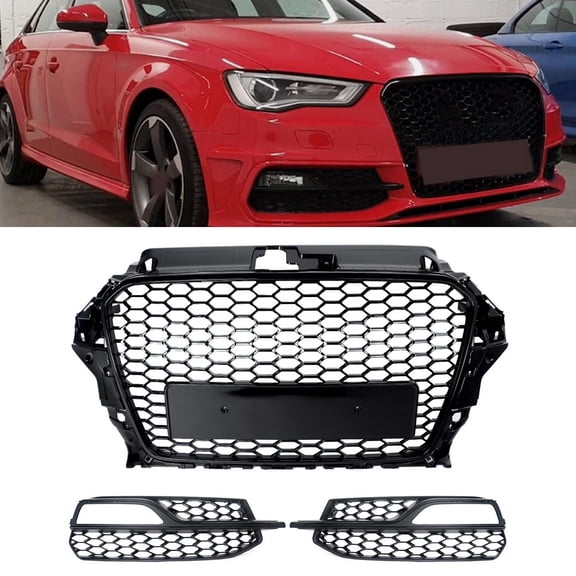 Honeycomb RS3 Style For 2013-2016 Audi A3 S-line S3 Front Grille with Fog Light Grill Cover