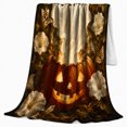 thumbnail image 2 of Whimsical Ghost Jack-O'-Lantern Halloween Scene Cream Flowers Magical, Festive Halloween Scene, Warm Flannel Blanket for Living Room and Family Room, Art Lovers Halloween Gift, Festive Home Decor, 2 of 9
