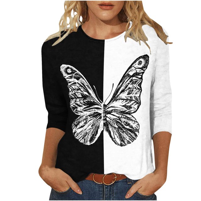 Hauts à Manches 3/4 pour Femmes Mode Féminine T-Shirt Imprimé Ample Blouse Mi-Longue à Manches 3/4 Col Rond Hauts Décontractés T-Shirts en Coton pour Femmes T-Shirts pour Femmes Mode