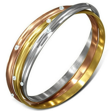 - Stainless Steel Yellow Rose Gold Silver-Tone White CZ Three Interlocked Womens Bangle Bracelet Set