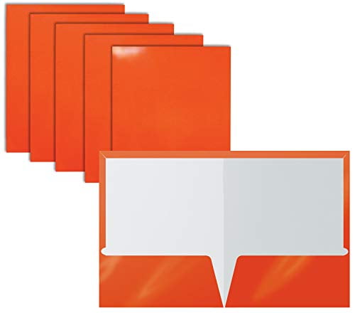 2 Pocket Glossy Laminated Orange Paper Folders, Letter Size, Orange Paper Portfolios by Better Office Products, Box of 25 Orange Folders