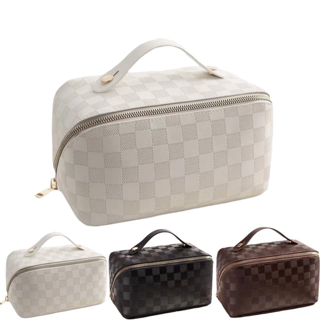 Bolsa de maquillaje BIVIZKU de gran capacidad, piel sintética a cuadros, color marrón