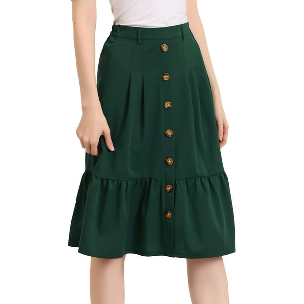 INSPIRE CHIC Falda A Media Pierna Con Volantes De Gasa Con Cinturón Y Cintura Alta Vintage Con Decoración De Botones Para Mujer Verde oscuro S