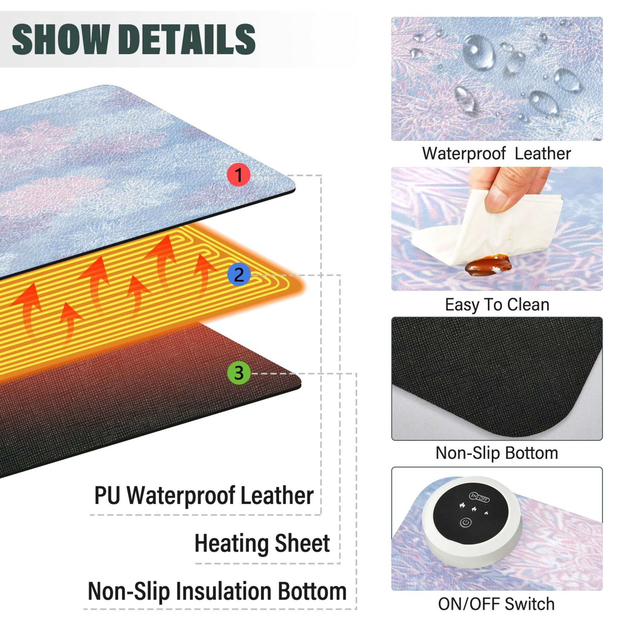Large Heated Desk Mat Mouse Pad 31.5"x13"PU Leather Graphene Heating Desk Warmer with 3 Temperature Settings 110V US Plug Non-Slip Warm Pad for Home, Office, and Gaming Pale Blue Pink Snowflakes