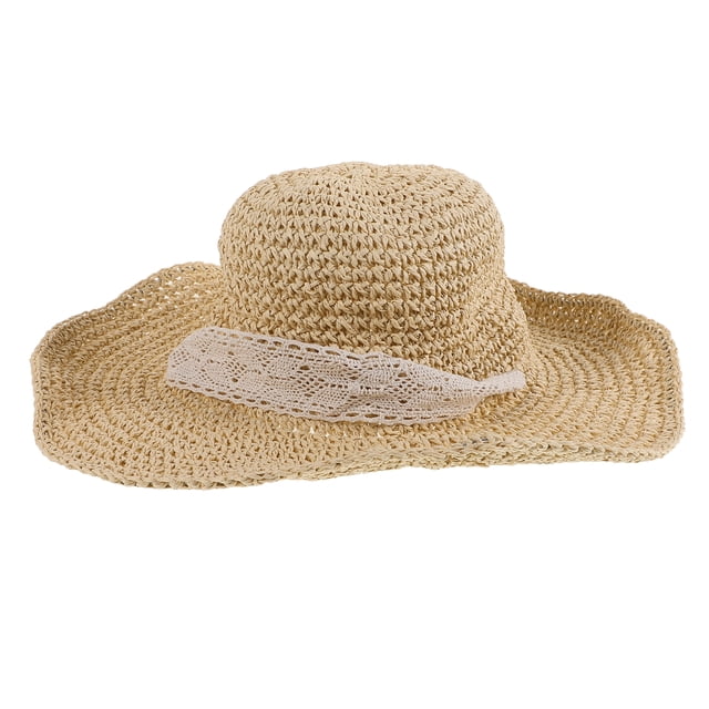 Sombrero de playa de verano, tejido a mano, plegable, de ala ancha, para mujer, con rafia de ganchillo y lazo de encaje