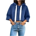 thumbnail image 5 of LEKWK Cropped Hoodie Women Drop Shoulder Short Sleeve Sweatshirt Drawstring Loose Fit Pullover Tops with Pocket Fall Casual Activewear Blue XXL, 5 of 7