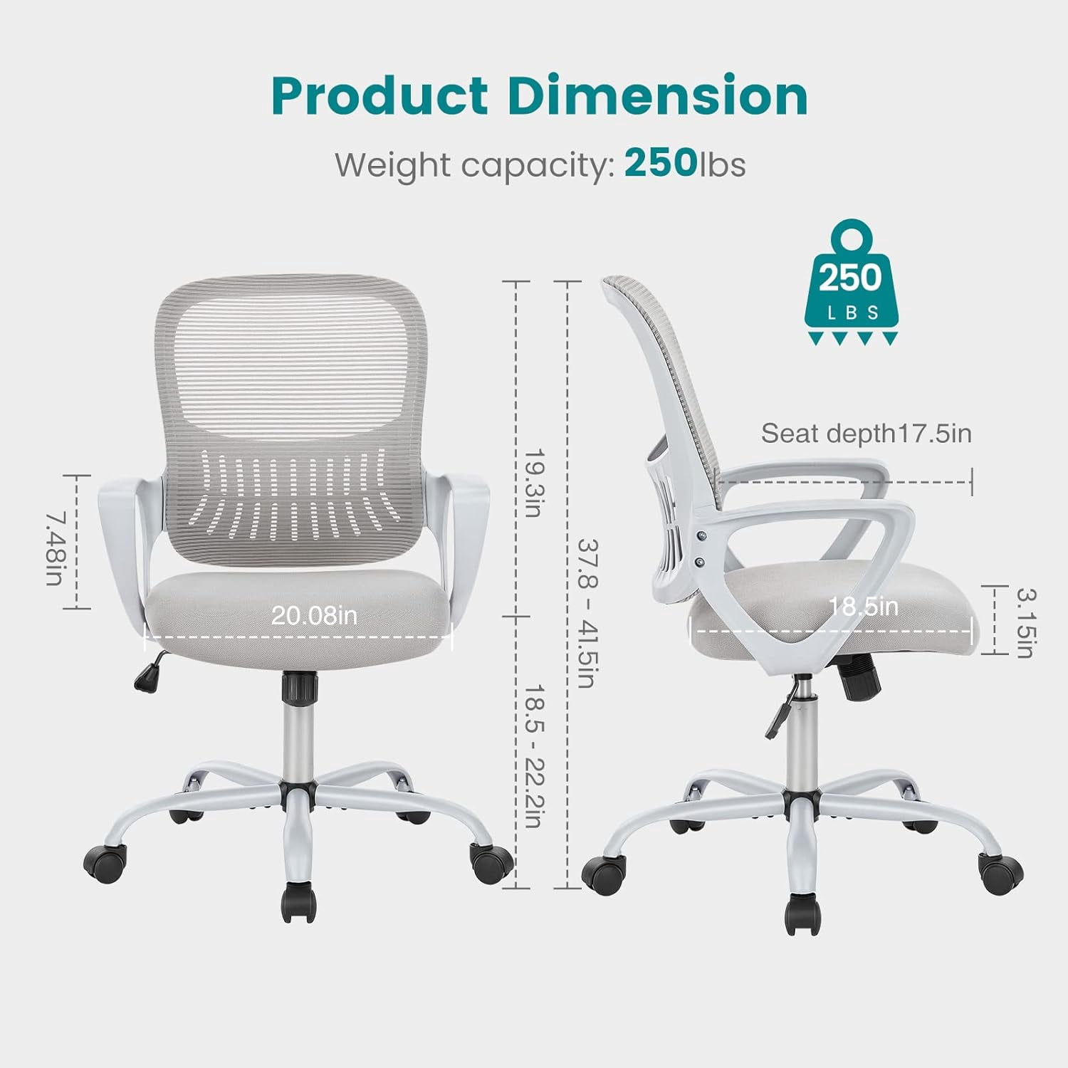 Ergonomic Mesh Office Chair with Lumbar Support - Adjustable Swivel Computer Chair, Grey