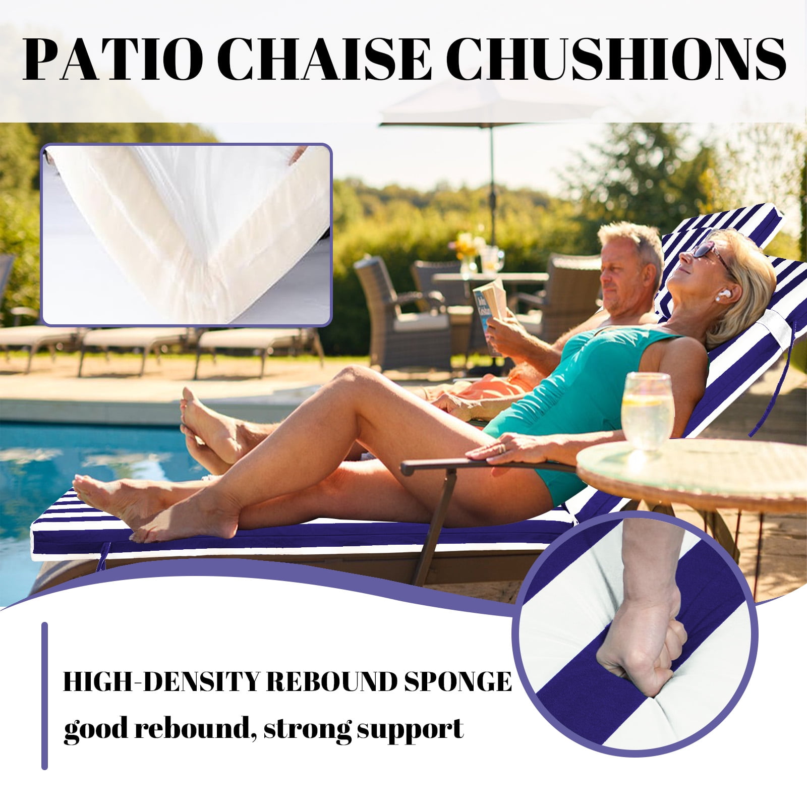 SDJPOI Outdoor Chaise Lounge Cushions, 72" x 21" x 3" Thick Patio Furniture Replacement Cushions, Waterproof Lounge Chair Cushion with Headrest & Ties for Pool Beach
