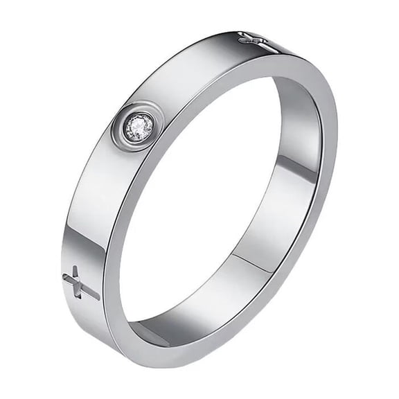 PAMTIER Unisex Stainless Steel 4mm Simple Elegant Thin Stackable Round Crystal Inlay Cross Signet Ring Couple Wedding Band Silver Size 5