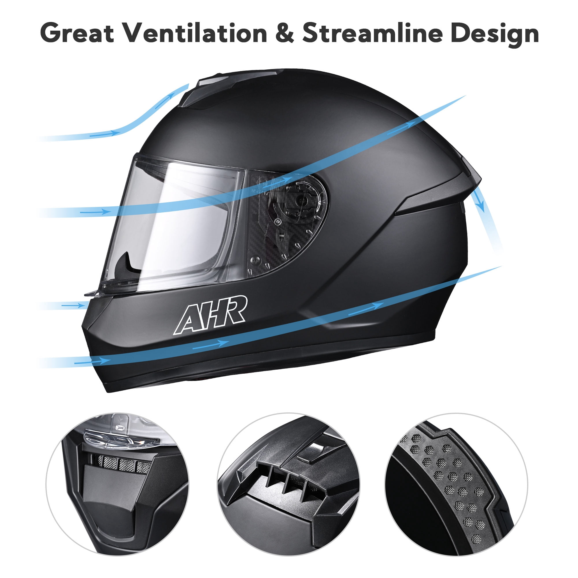 AHR RUN-F3 Full Face Motorcycle Helmet DOT Lightweight Street Bike Touring Racing Adult XL