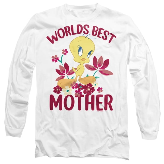 Looney Tunes Mother's Day Tweety Worlds Best Mom Unisex Adult Long-Sleeve T Shirt, White, 3X-Large