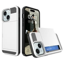 for iPhone 14 Plus Case Wallet Credit Card Holder ID Slot Sliding Door Hidden Pocket Men Anti-Scratch Dual Layer Hybrid Bumper Armor Protective Shell Back Cover For iPhone 14 Plus, White