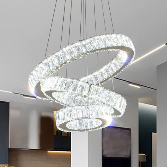 Lámpara Moderna de Araña LED FRIXCHUR con Cristales y 3 Aros, Luz Colgante Ajustable para Sala, Comedor, Dormitorio y Recibidor en Dorado (Blanco Frío)
