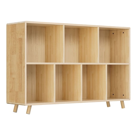 S-HOME 2-Tier Wooden Bookshelf in Natural Finish, 7 Cube Storage Organizer for Home Office and Living Room