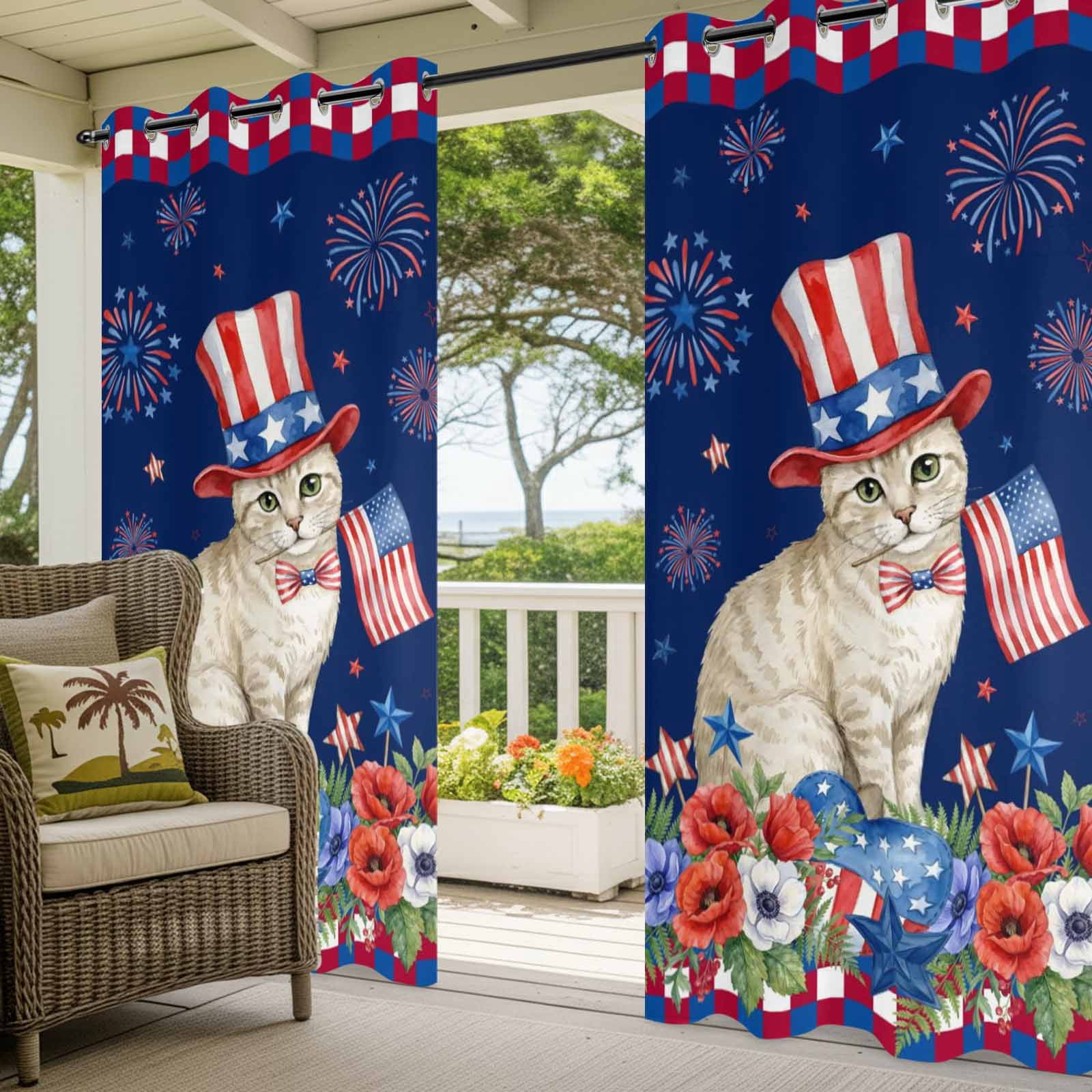 Independence Day Outdoor Curtains for Patio, Cartoon Golden British Shorthair Colorful Poppy Sunshade Privacy Drapes Grommet Waterproof Outside Curtains for Porch/Cabana/Balcony 54"x 108", 1 Panel