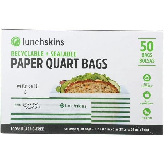 Lunchskins Green Stripe Paper Quart Size Sandwich Bags - 50 count per pack - 12 packs per case.