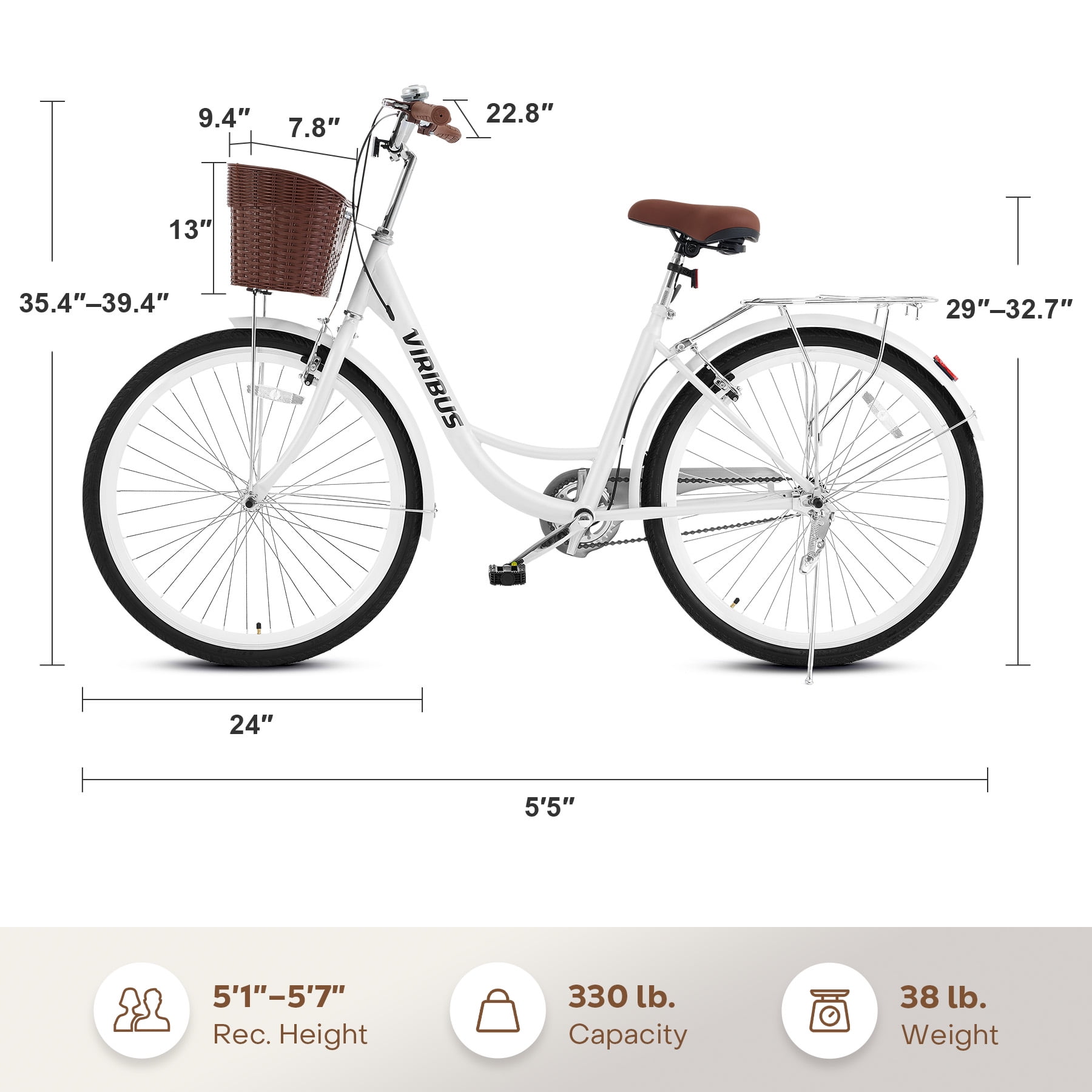 Viribus 24" City Cruiser Bicycle with Carbon Steel Frame Dual V Brakes Basket,Commute Bike for Women Adults,White
