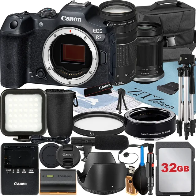Canon EOS R7 Mirrorless Camera with 18-150mm + 75-300mm Lens + Mount Adapter + 32GB Memory Card + Case + LED Flash + ZeeTech Accessory Bundle