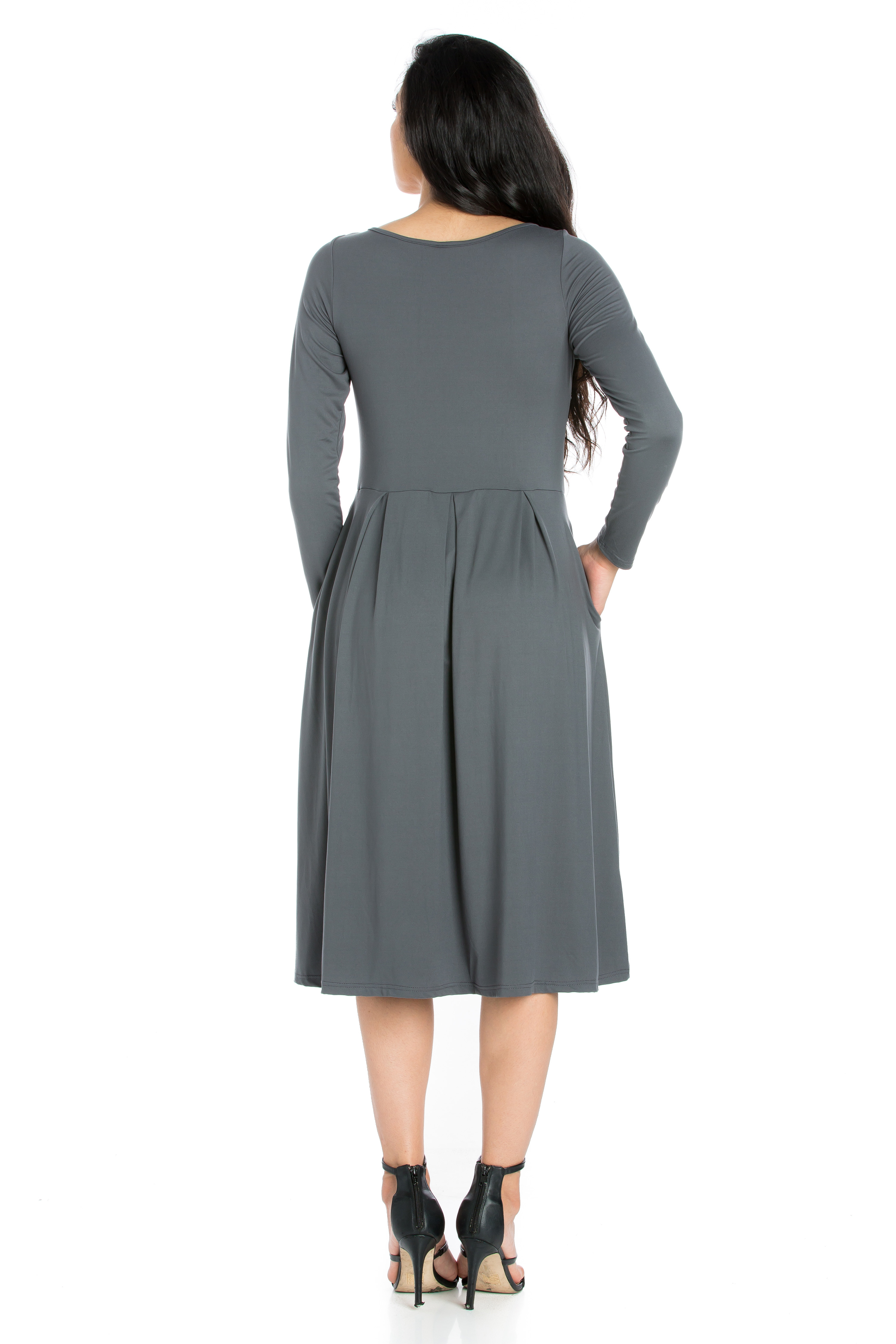 24seven Comfort Apparel Long Sleeve Fit and Flare Midi Dress