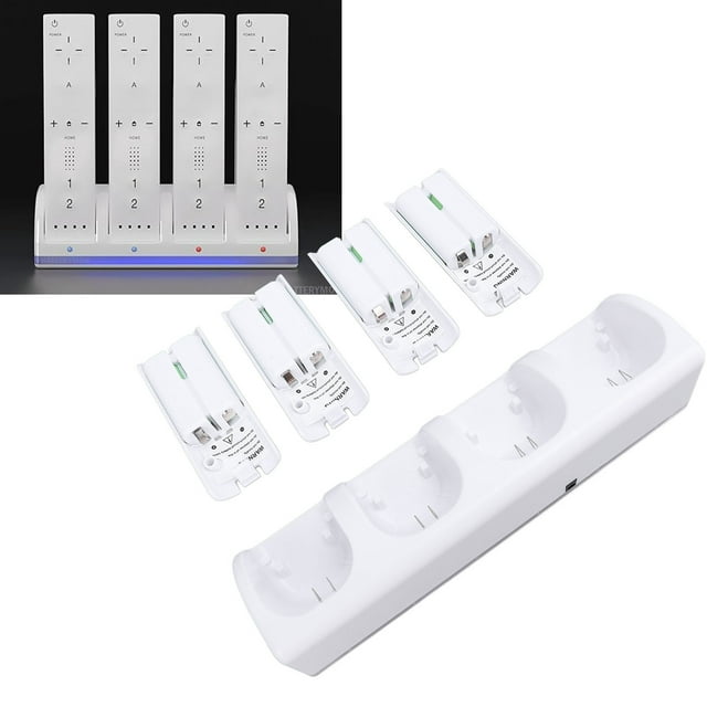 Station de Charge pour Télécommande, Chargeur avec 4 Piles Rechargeables, Station de Charge 4 Ports avec 4 Piles de Remplacement 2800mAh, Télécommande Non Incluse