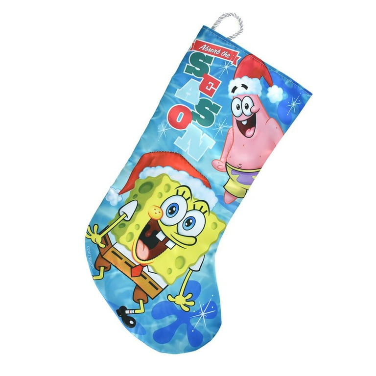 Spongebob and Patrick Star with Santa Hats Satin Christmas Stocking, Blue,  17-1/2-Inch