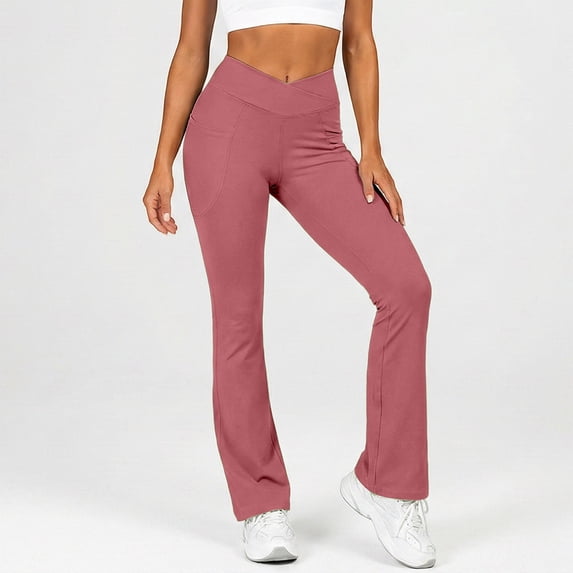 Arlun High Waist Flared Yoga Pants for Women with Pockets Butt Lifting Stretchy Crossover Waisted Slim Fit Flare Leggings for Running Workout Athletic Sports Pink L