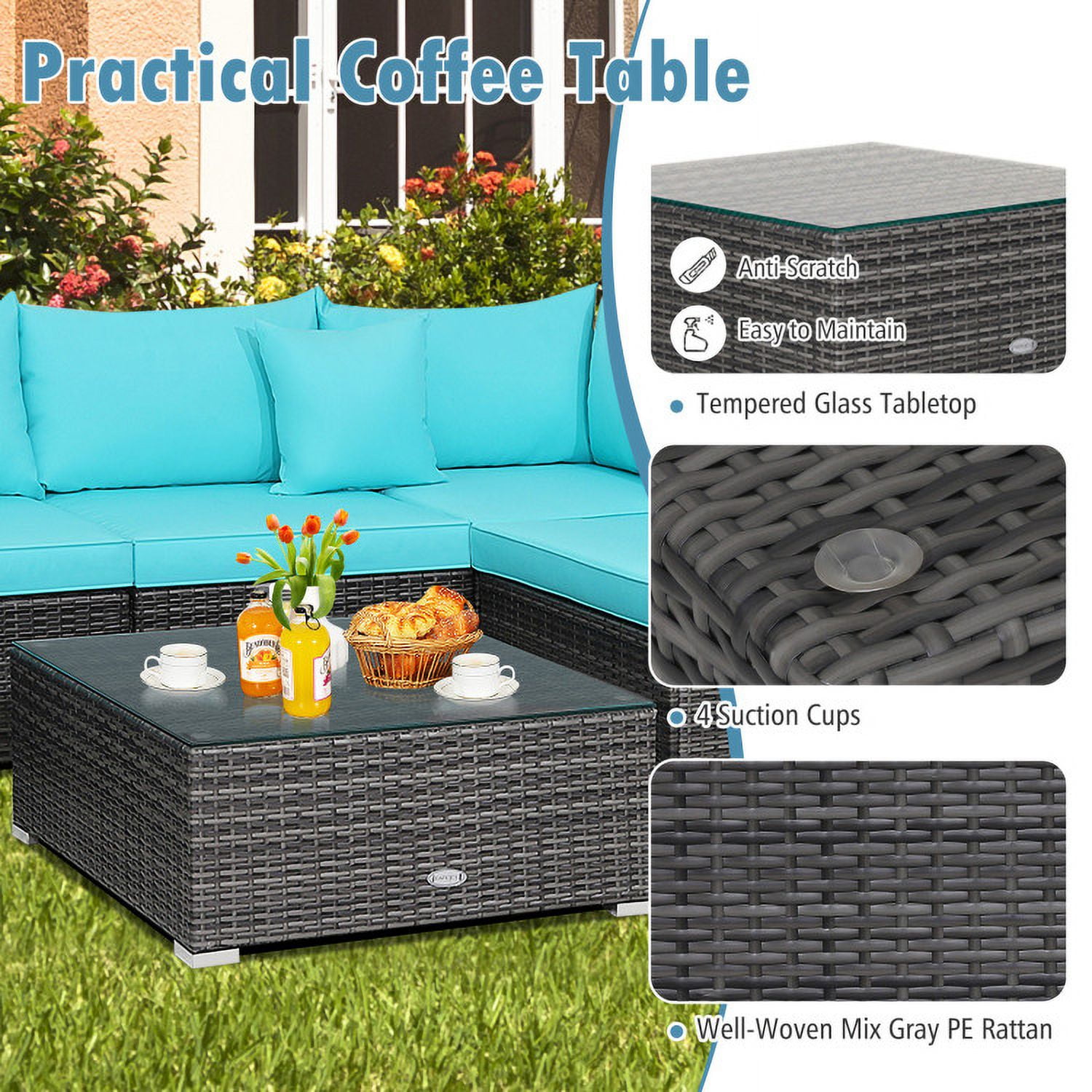 Aimee Lii 7 Pieces Patio Rattan Furniture Set Sectional Sofa Garden Cushion, Outdoor Patio Set, Turquoise Aimee Lii 7 Pieces Patio Rattan Furniture Set Sectional Sofa Garden Cushion, Outdoor Patio Set, Turquoise