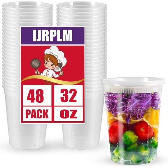 48 Pack Deli Containers with Lids, 32 oz Heavy-Duty Soup Container, Plastic Deli Food Storage Containers with Airtight Lids, Leakproof Takeout Container, Microwave Dishwasher Freezer Safe