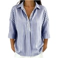 thumbnail image 2 of ClodeEU Women's Striped 3/4 Sleeve V Neck Button Down Shirt,Casual Loose Fit Blouse Top Blue,Women's Plus M, 2 of 7